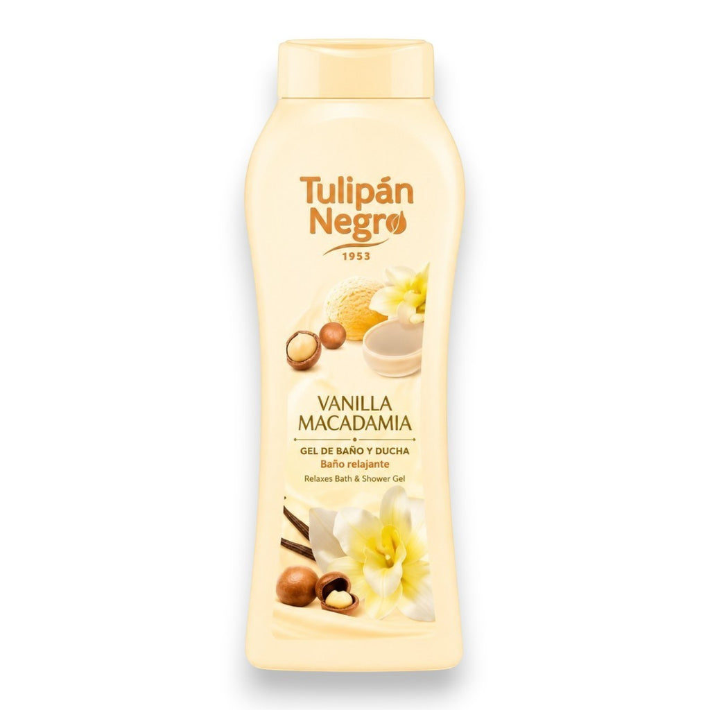 Tap2Own Tulipán Negro Vanilla Macadamia bath and shower gel in a beige bottle with vanilla and nut illustrations.