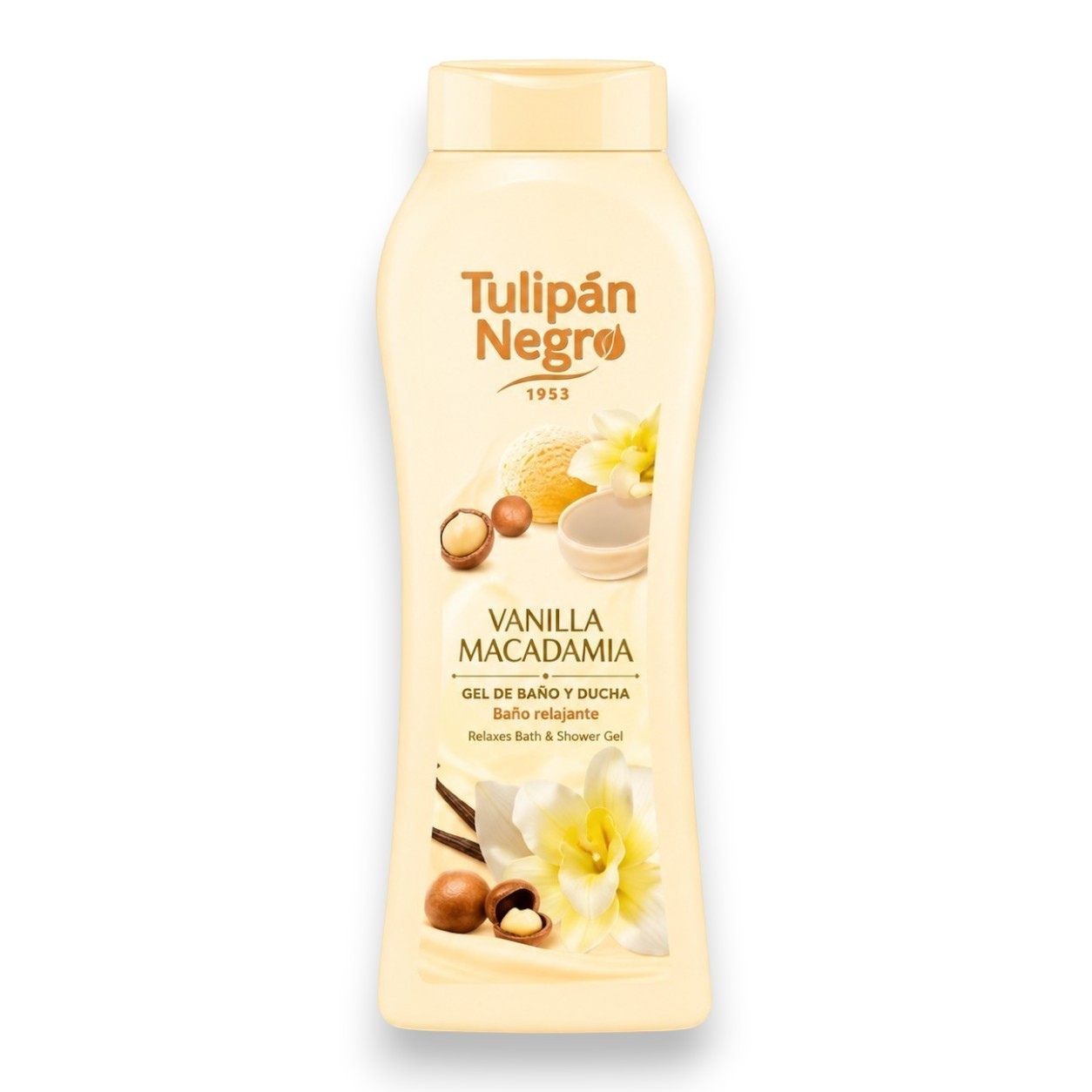 Tap2Own Tulipán Negro Vanilla Macadamia bath and shower gel in a beige bottle with floral and nut imagery