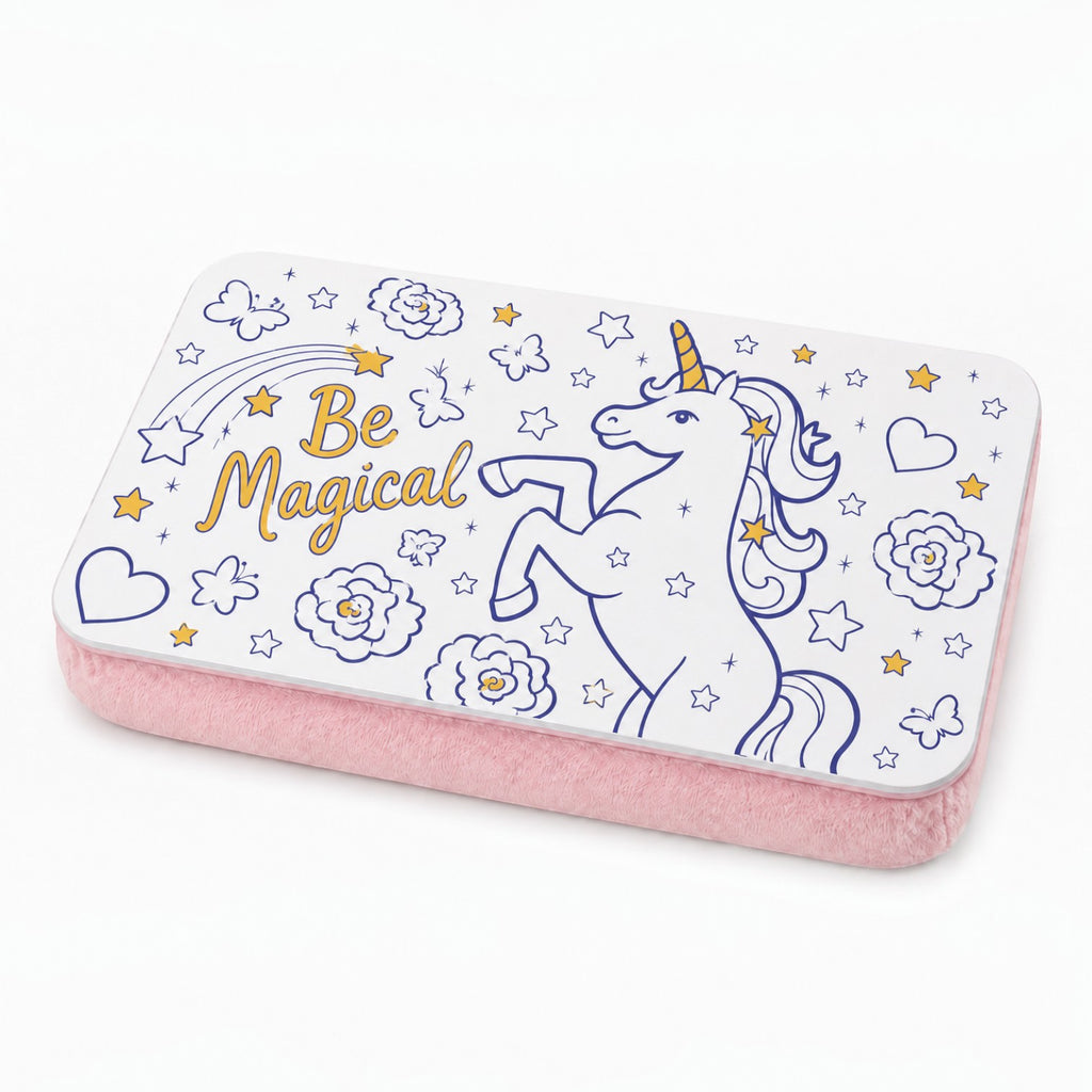 Tap2Own portable lap desk with a white surface, unicorn illustration, and soft pink plush cushion base.