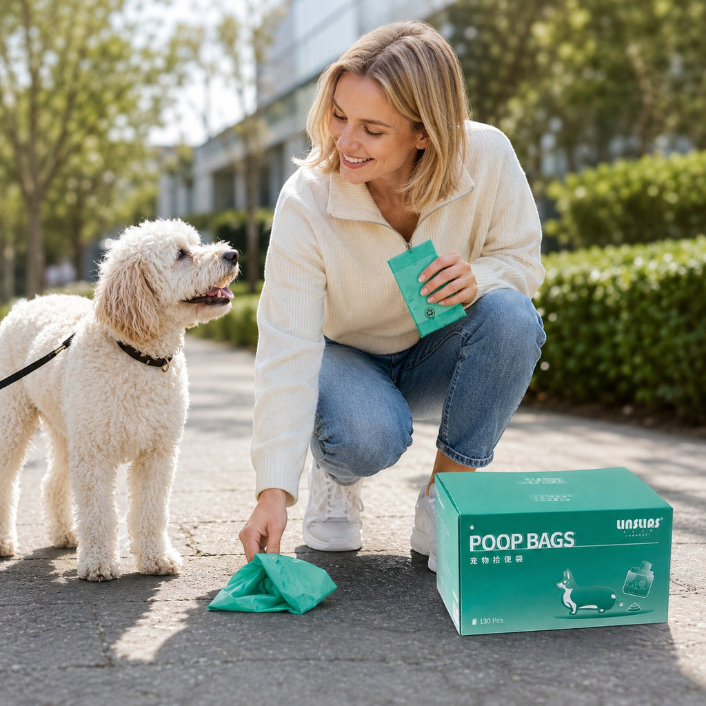 Tap2Own Unisuas green poop bags for dogs and pets, 130 pcs box, woman picking up waste with a dog nearby.