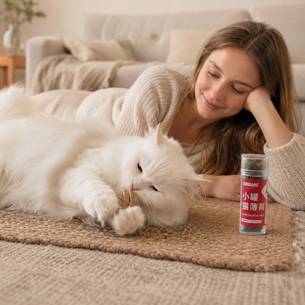 Tap2Own Unsluas small pot of cat mint with a white fluffy cat playing with a toy.