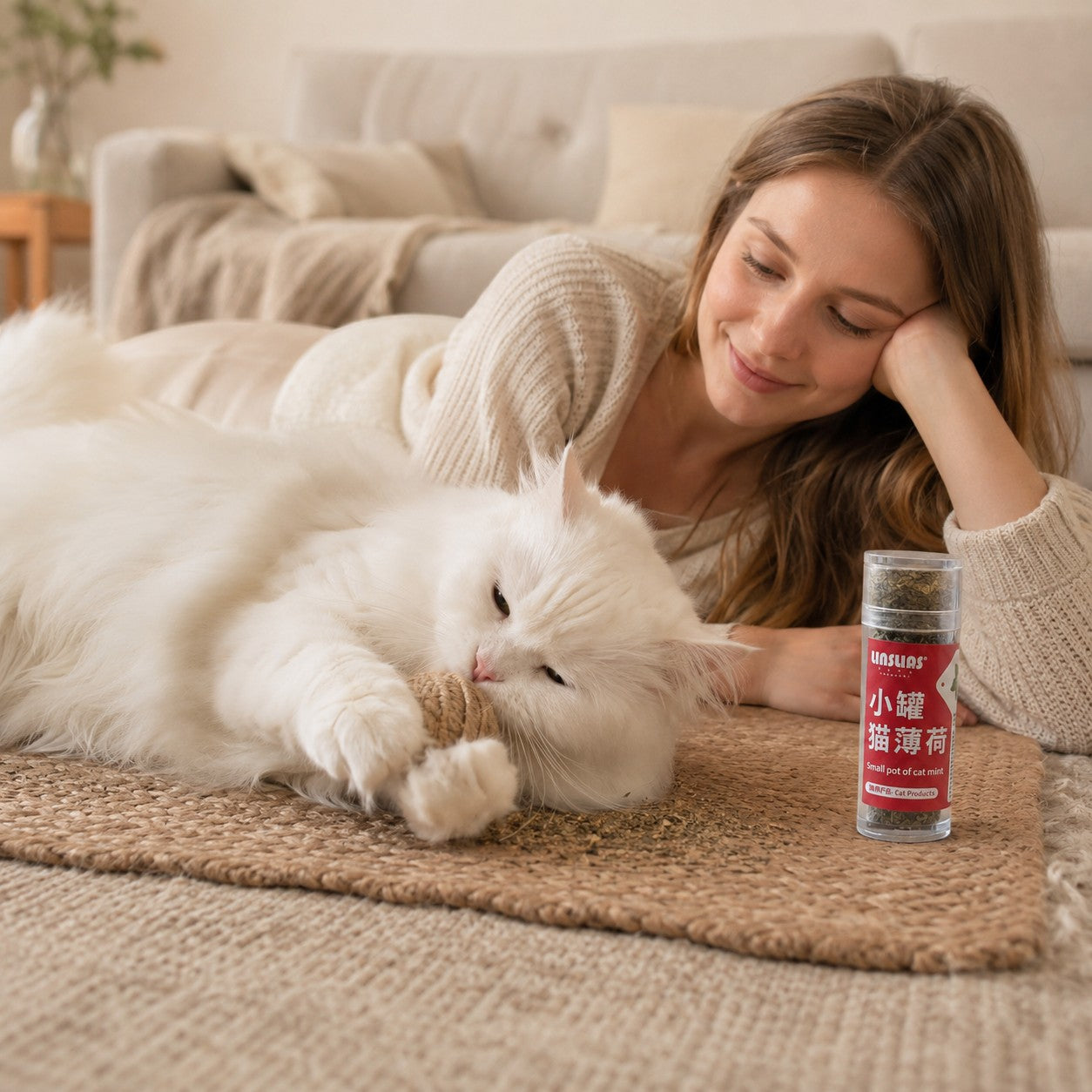 Tap2Own Unsluas small pot of cat mint with a white fluffy cat playing with a toy.