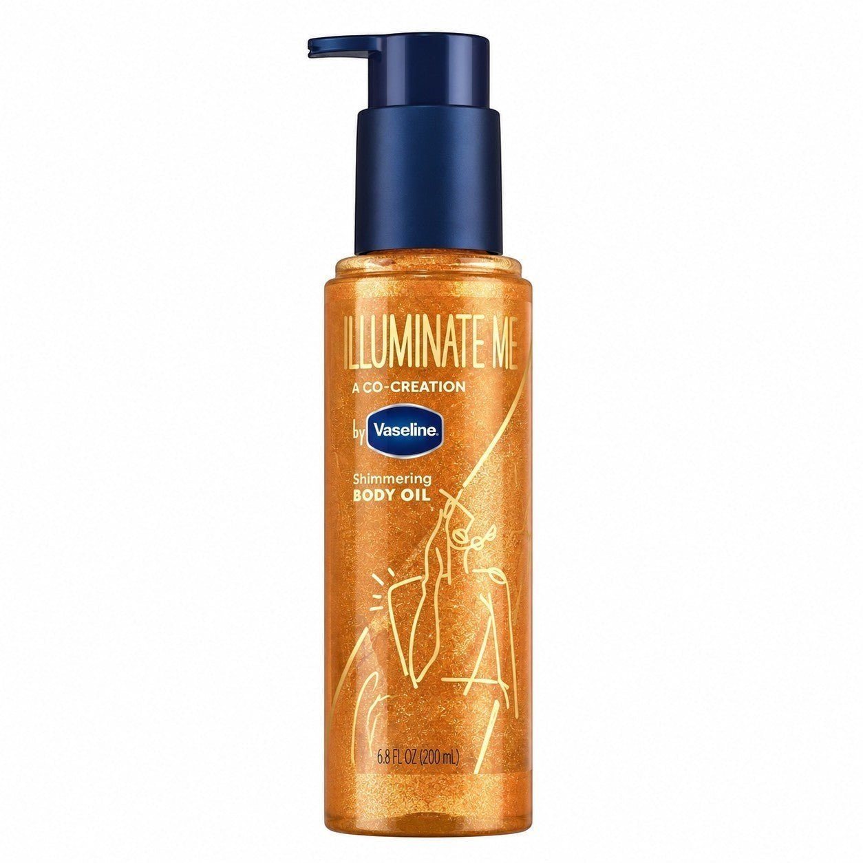 Tap2Own Vaseline Illuminate Me shimmering golden body oil in a clear pump bottle for a radiant, dewy skin glow.