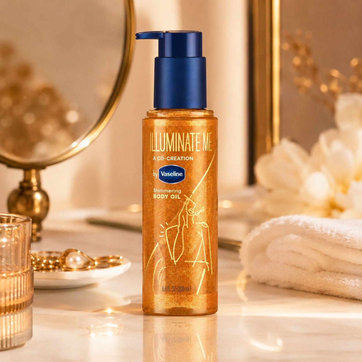 Tap2Own Vaseline Illuminate Me shimmering golden body oil in a pump bottle on a vanity table.