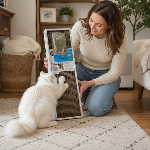 Tap2Own vertical corrugated cardboard cat scratcher with catnip, held by a woman with a white cat scratching it.