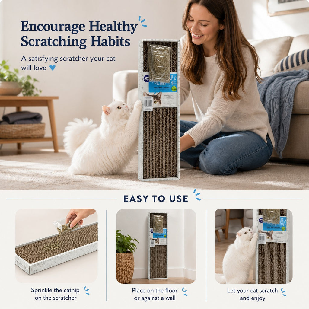 Tap2Own Vertical Cat Scratcher with Catnip, made of corrugated cardboard, encouraging healthy scratching habits.