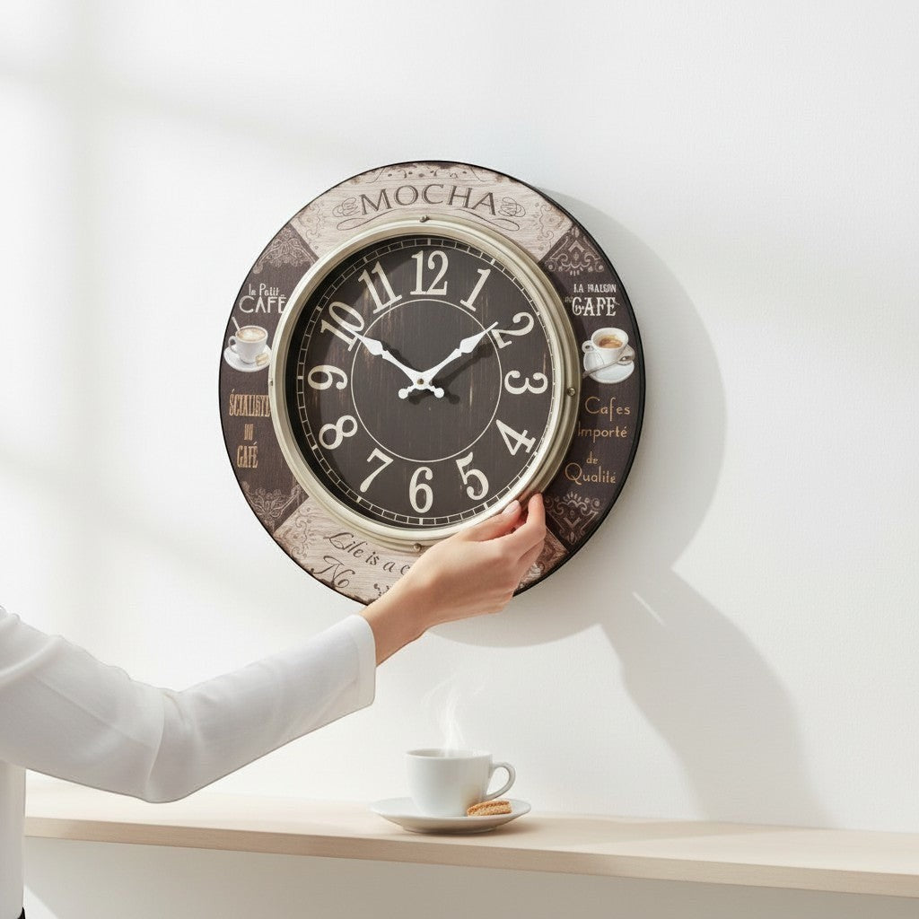 Tap2Own Vintage Mocha Cafe Wall Clock with Arabic numerals and coffee cup illustrations. Distressed wood-look border with French cafe phrases.