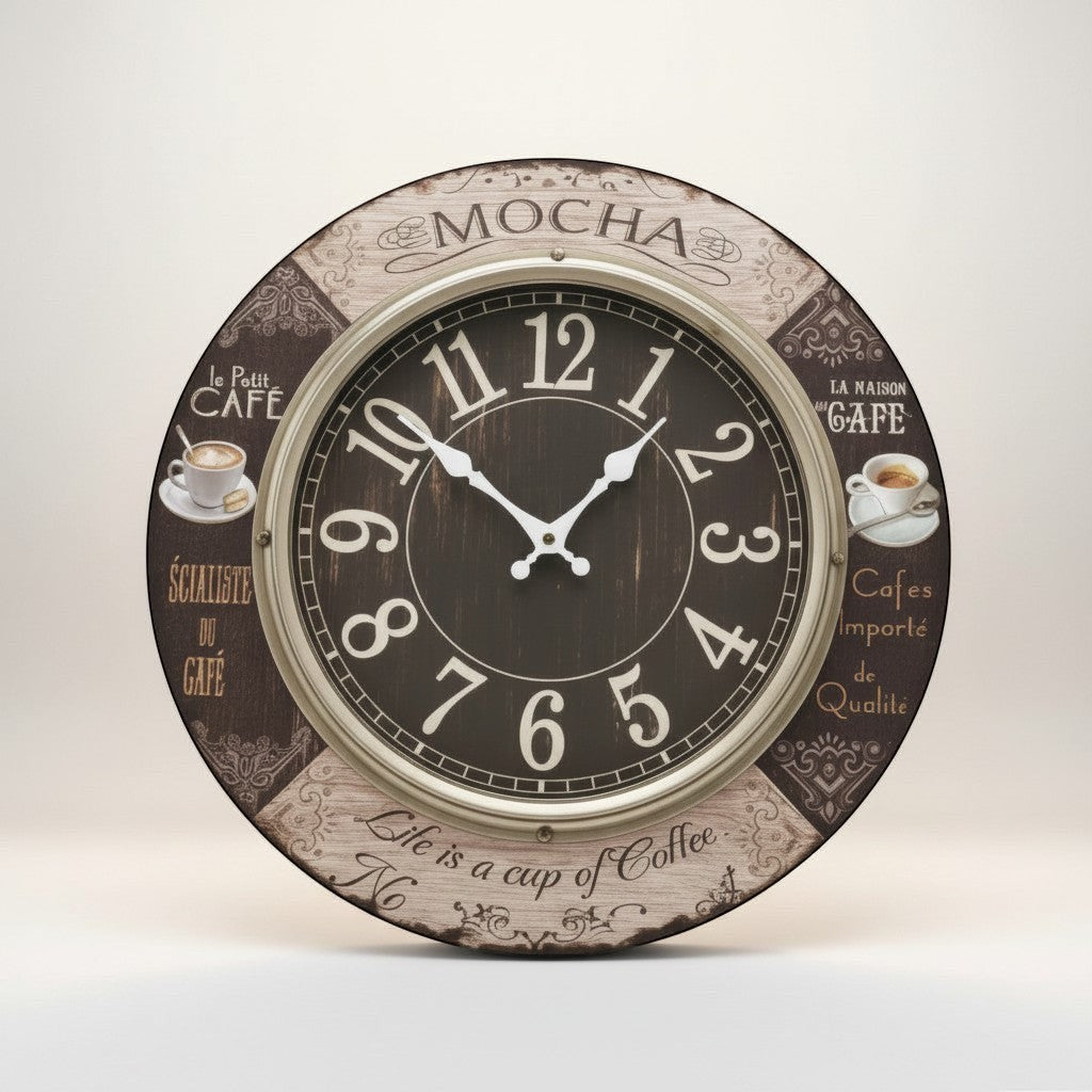 Tap2Own Vintage Mocha Cafe wall clock with Arabic numerals and coffee cup illustrations. Distressed wood-look border with French cafe phrases.