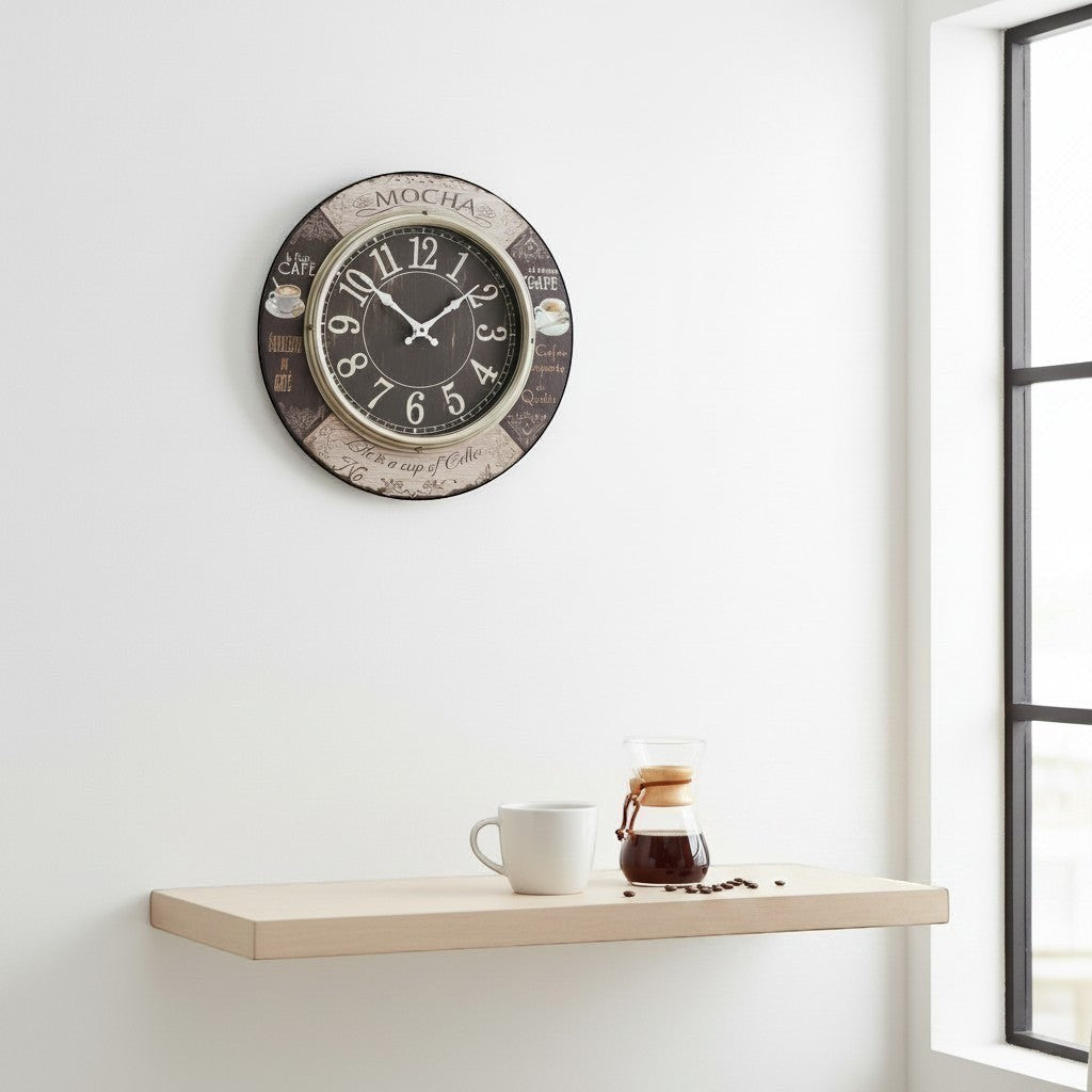 Tap2Own Vintage Mocha Cafe wall clock with Arabic numerals, coffee cup illustrations, and French cafe phrases.