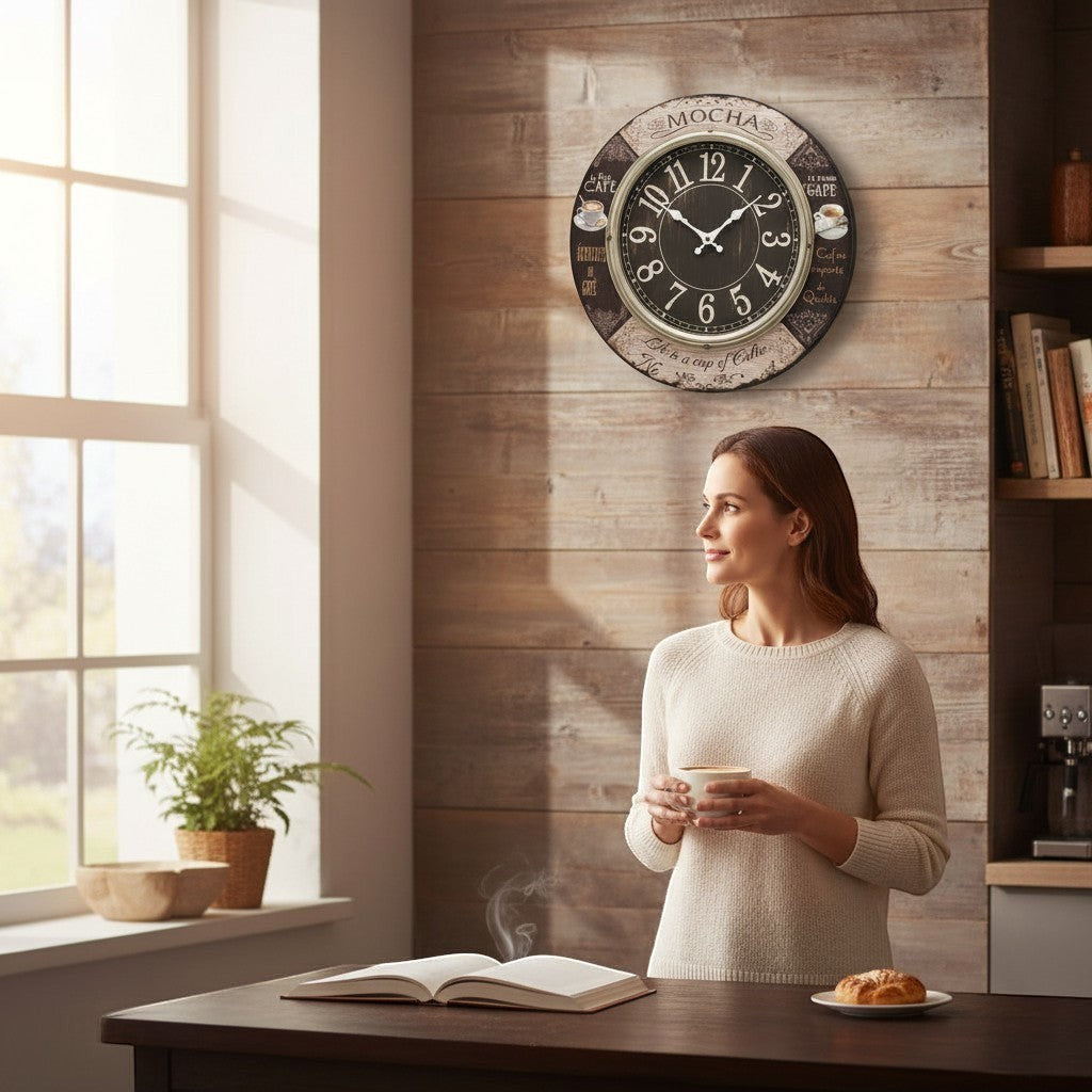 Tap2Own Vintage Mocha Cafe Wall Clock with Arabic numerals and coffee cup illustrations.