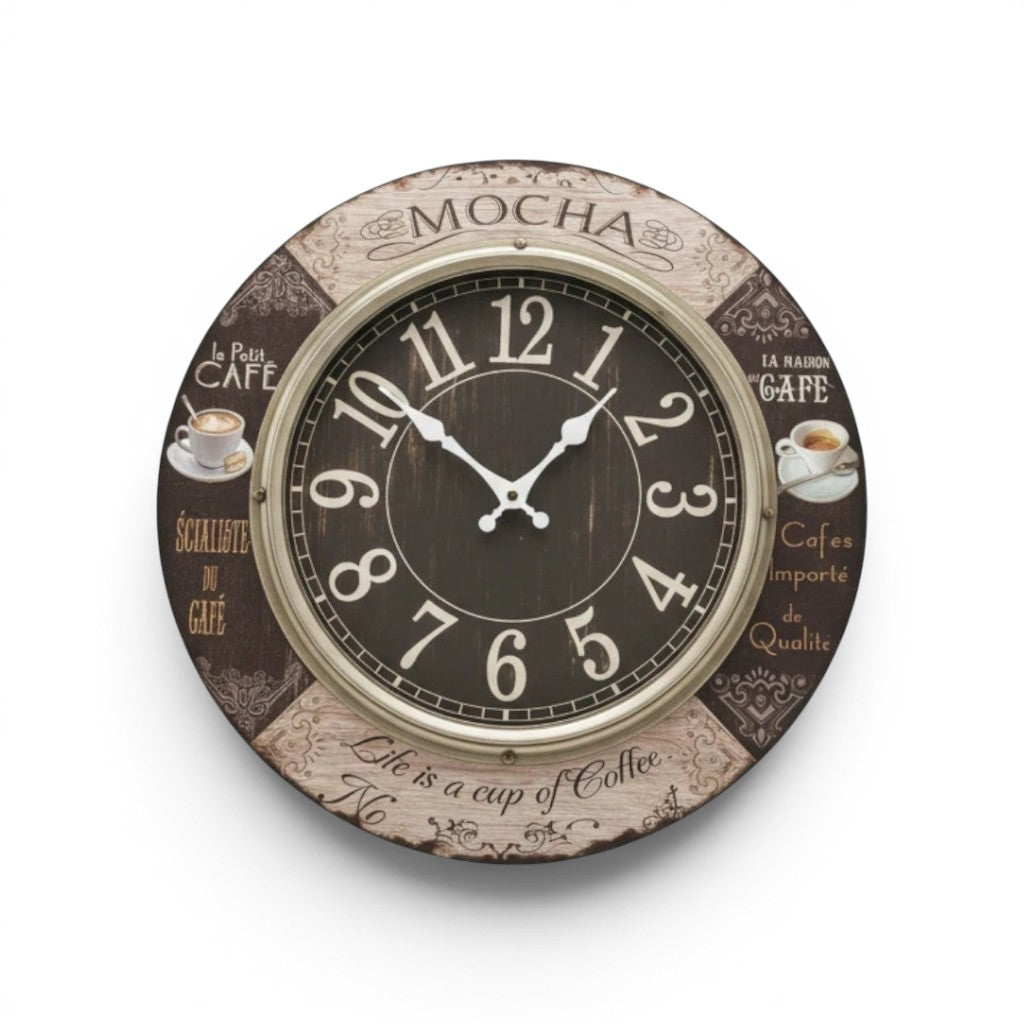 Tap2Own Vintage Mocha Cafe Wall Clock with Arabic numerals, coffee cup illustrations, and French cafe phrases.