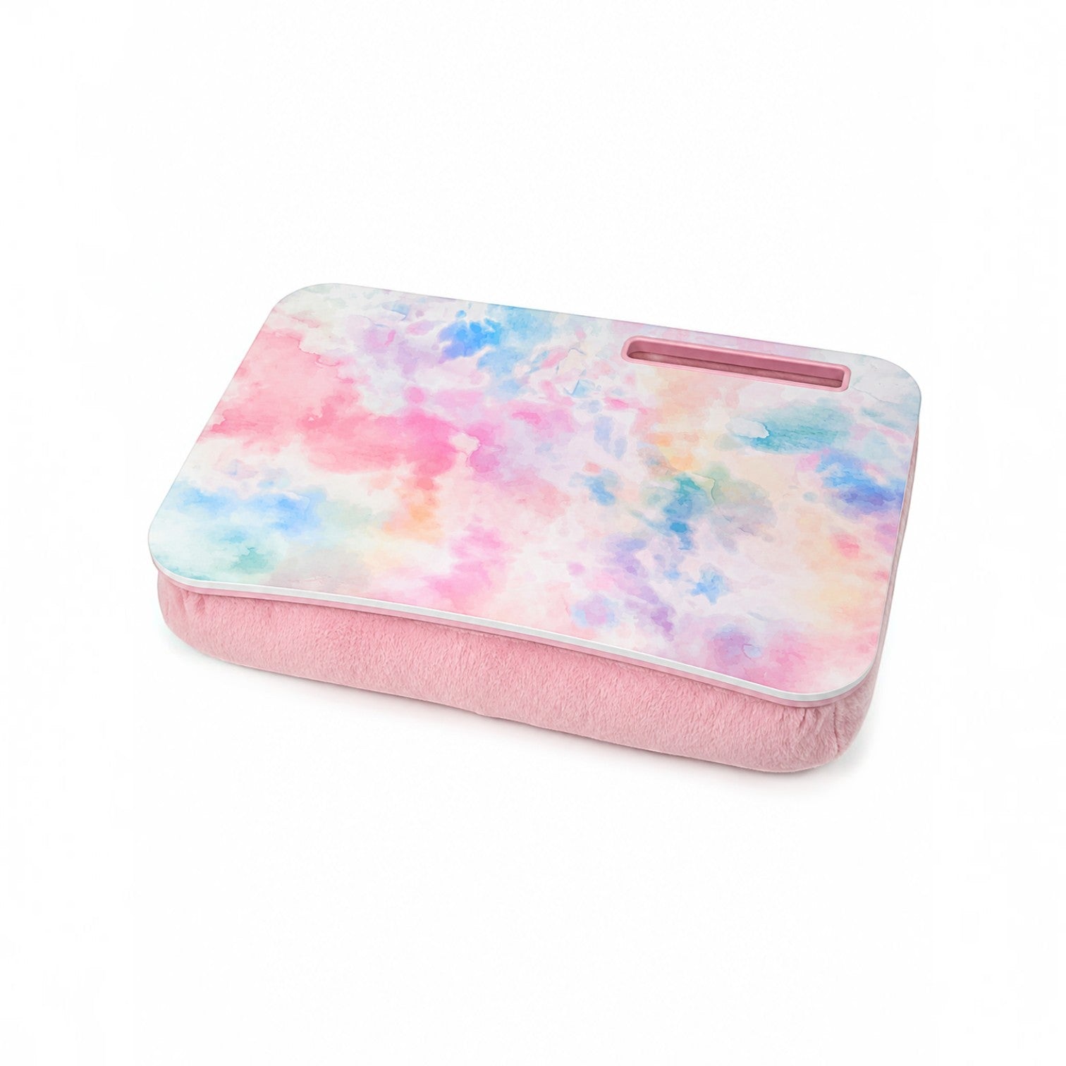 Tap2Own portable laptop desk with watercolor tie-dye surface and soft pink cushion base featuring a device slot.