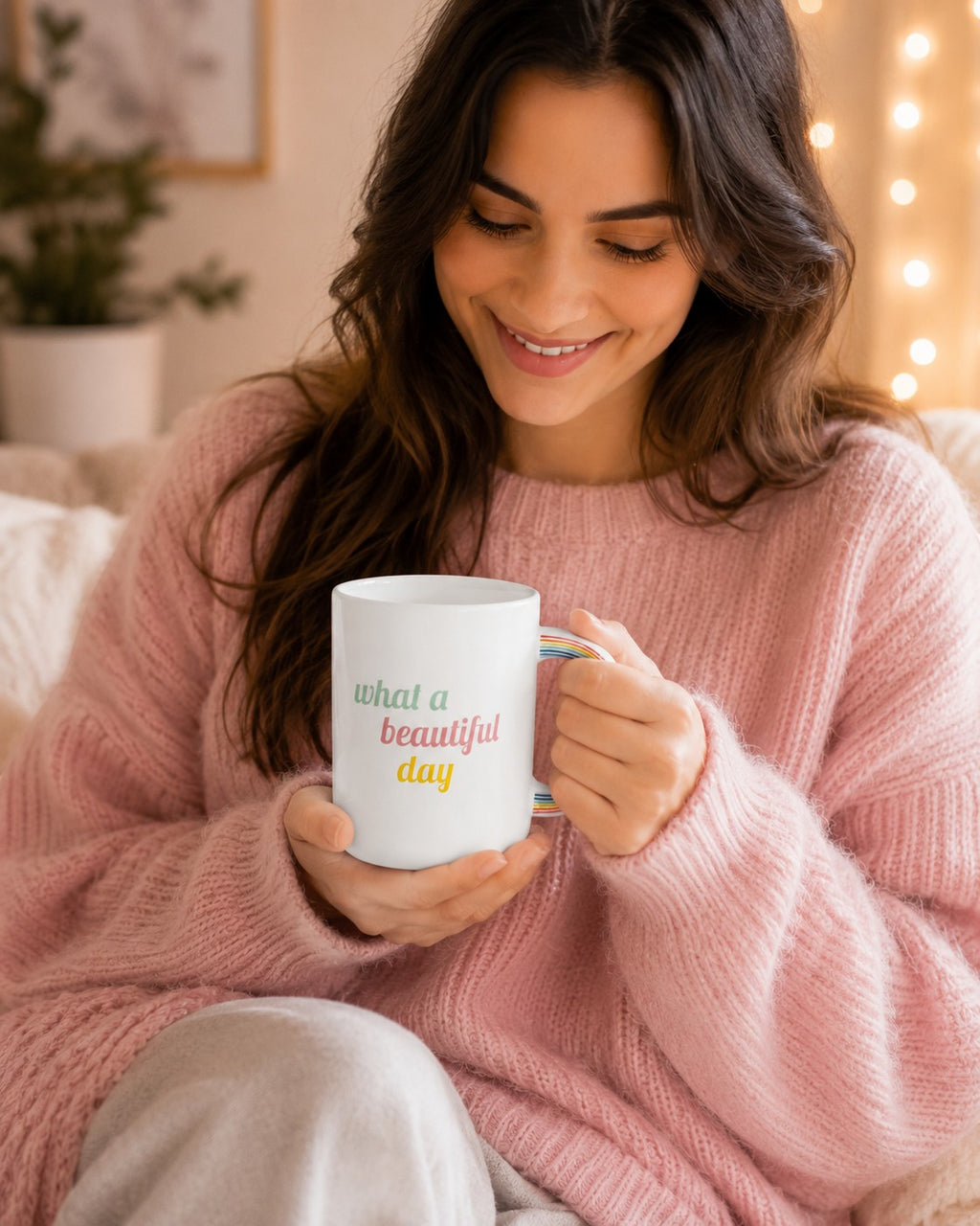 Woman in pink sweater holding a Tap2Own white ceramic mug with a rainbow handle and What a Beautiful Day text.