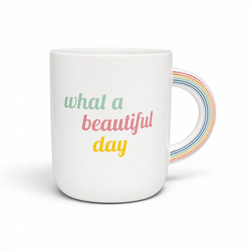 Tap2Own white ceramic mug with rainbow handle and What a Beautiful Day pastel text for coffee or tea.