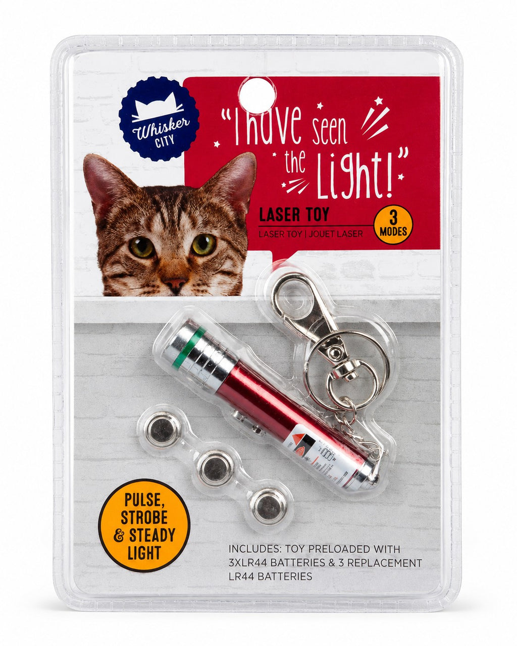 Tap2Own Whiskers City red aluminum alloy laser toy with keychain and 3 modes for cats. Includes batteries.