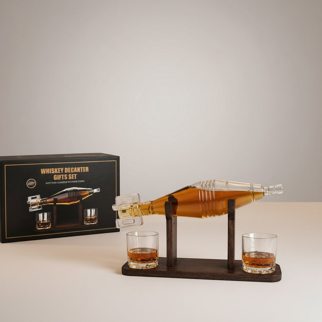 Tap2Own grenade-shaped glass whiskey decanter with two glasses and wooden stand, filled with amber liquor.