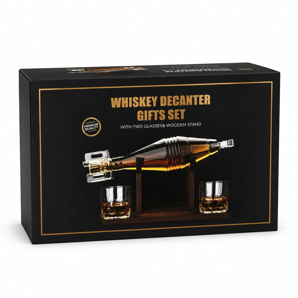 Tap2Own whiskey decanter gift set with grenade-shaped glass decanter, two glasses, and wooden stand.