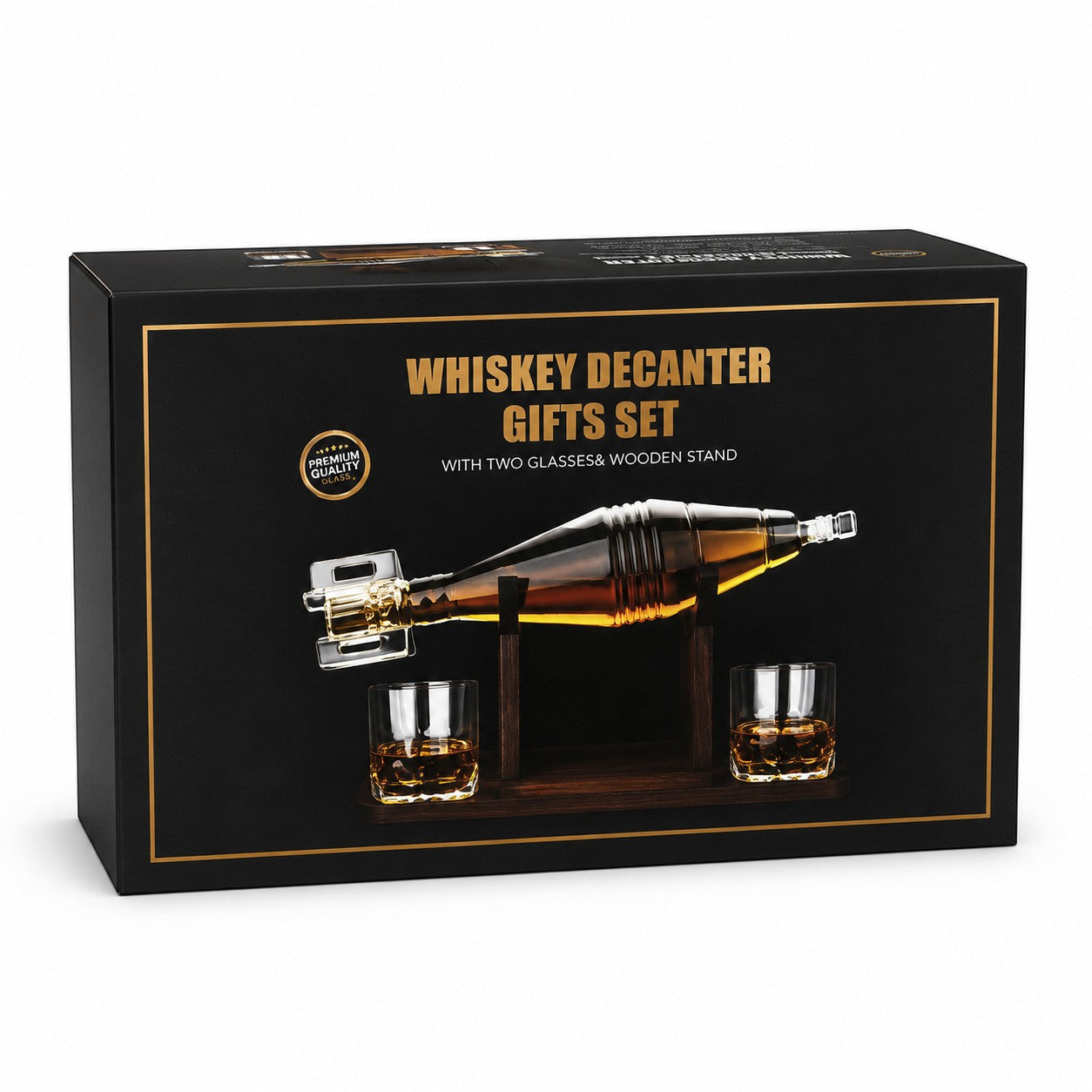 Tap2Own whiskey decanter gift set with grenade-shaped glass decanter, two glasses, and wooden stand.