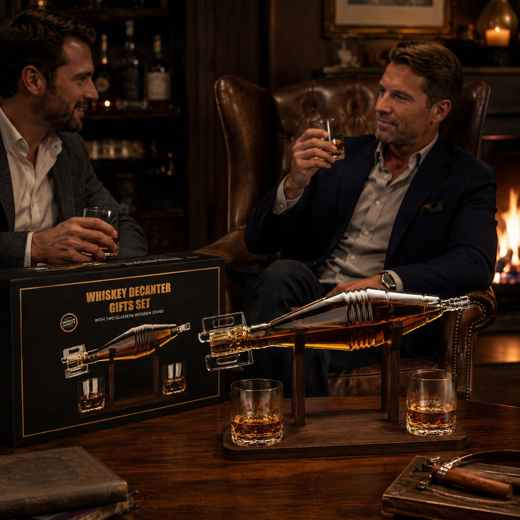 Tap2Own whiskey decanter gift set with grenade-shaped glass decanter, two glasses, and wooden stand, displayed by two men enjoying drinks by a fireplace.
