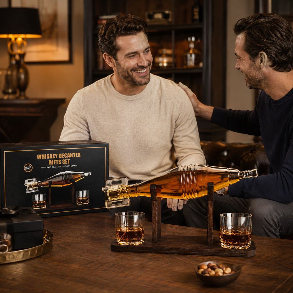 Tap2Own whiskey decanter gift set with two glasses and wooden stand, featuring a unique grenade-shaped glass decanter filled with amber liquid.