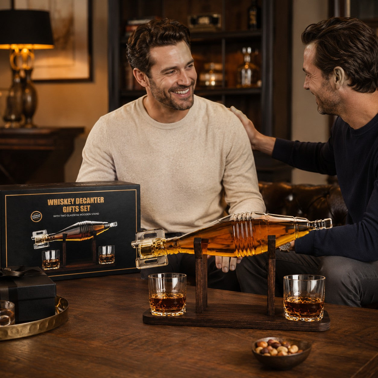 Tap2Own whiskey decanter gift set with two glasses and wooden stand, featuring a unique grenade-shaped glass decanter filled with amber liquid.
