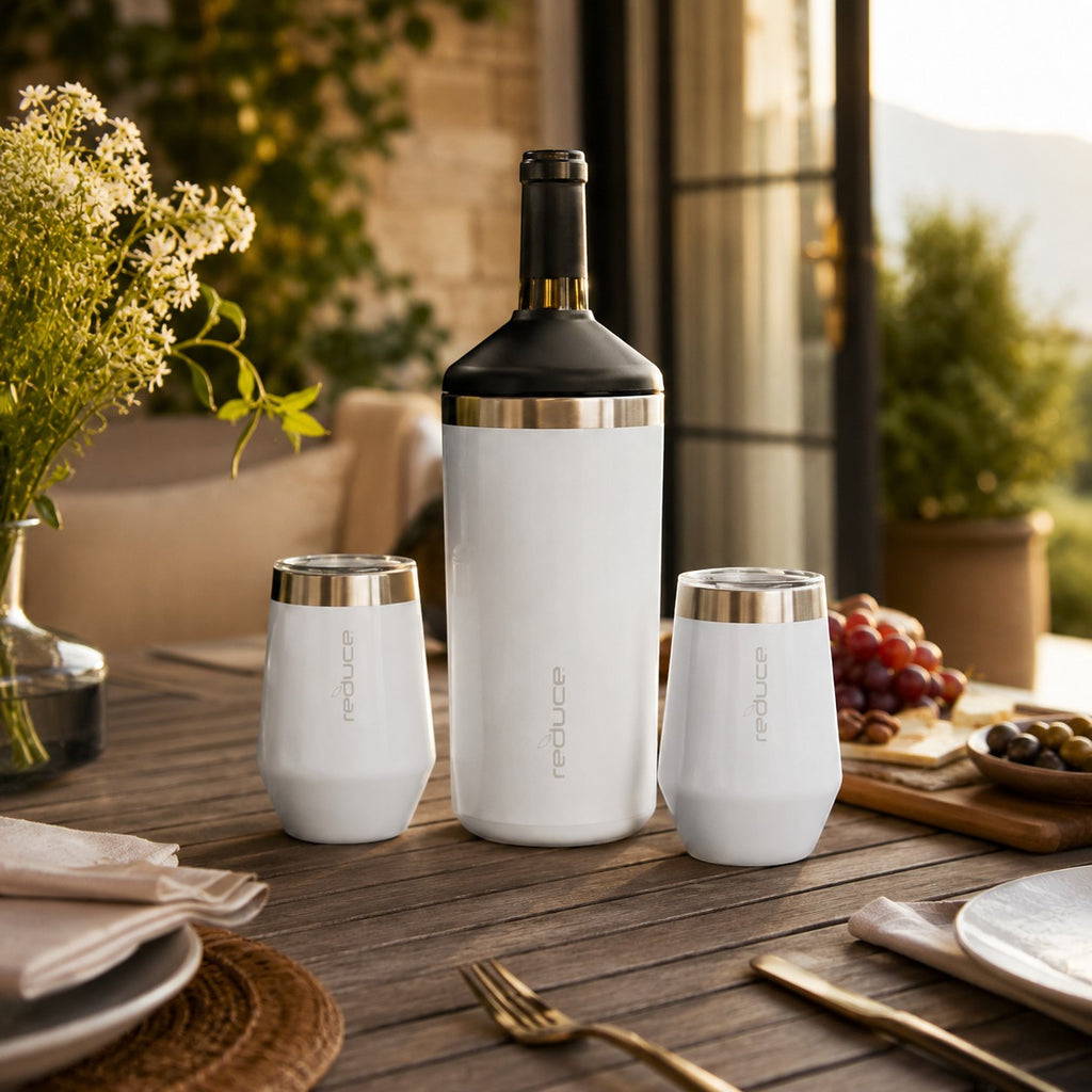 Tap2Own white stainless steel wine cooler and two tumblers set with gold trim, perfect for parties and outdoor dining.