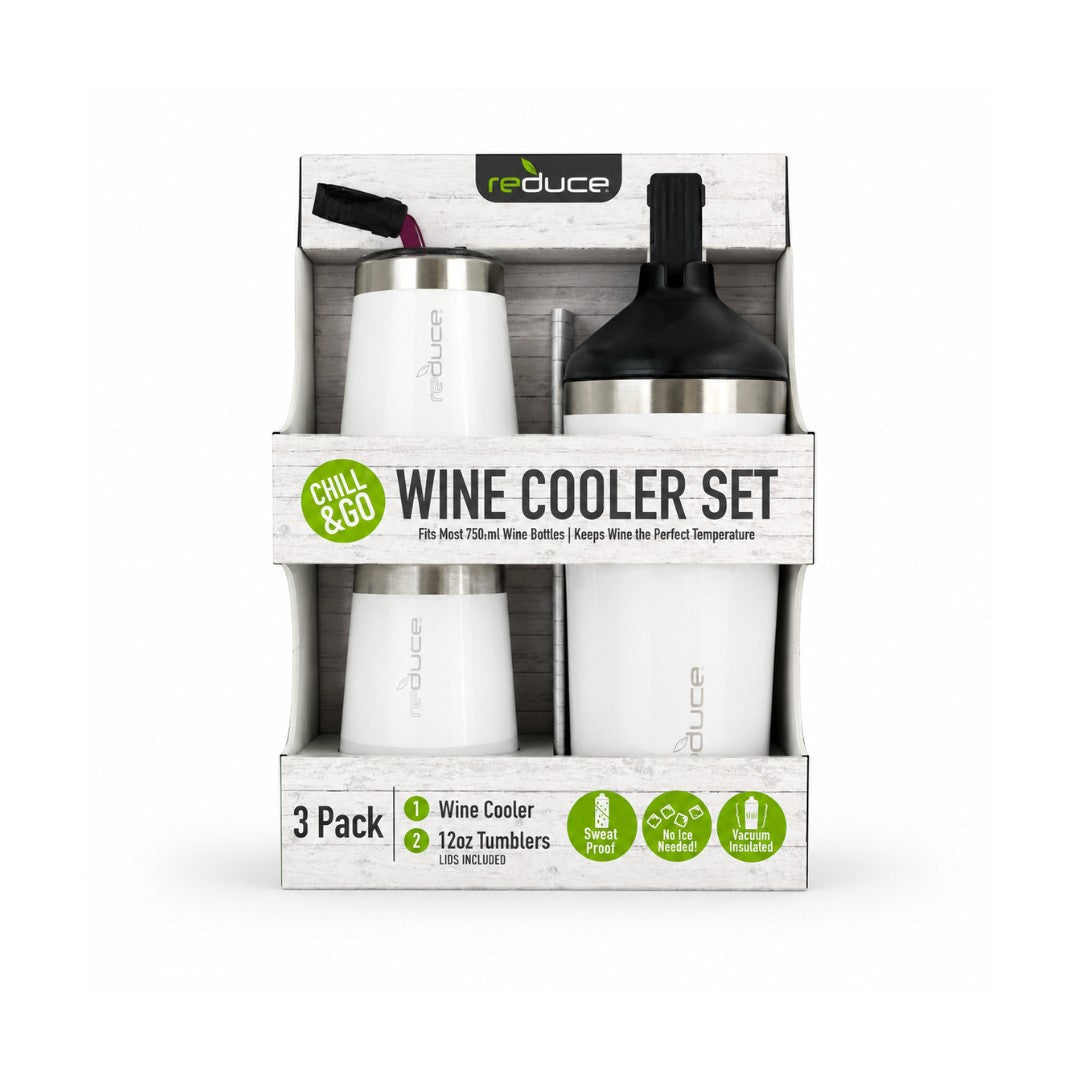 Tap2Own white stainless steel wine cooler and tumbler set, includes one bottle cooler and two 12oz tumblers with lids.