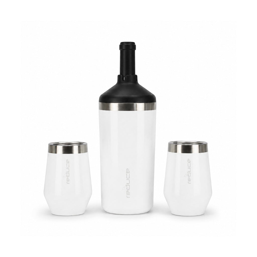 Tap2Own white stainless steel wine cooler and two 12oz tumblers with lids, vacuum insulated for cold drinks.