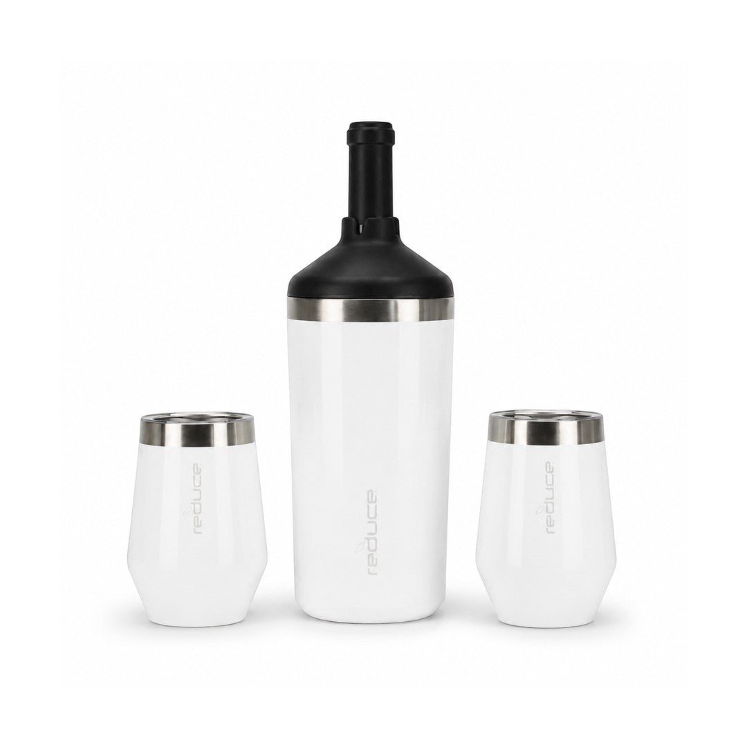 Tap2Own white stainless steel wine cooler and two 12oz tumblers with lids, vacuum insulated for cold drinks.