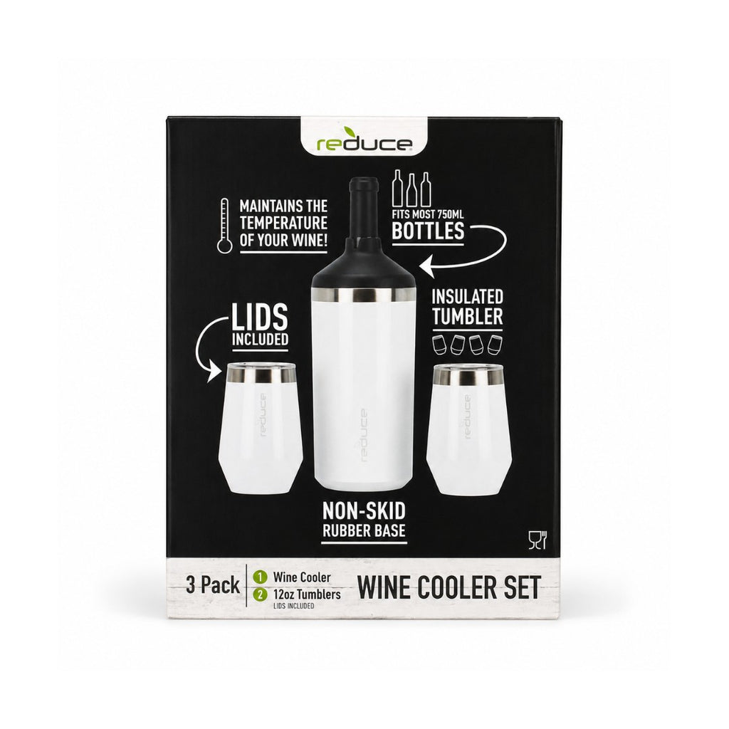 Tap2Own white stainless steel wine cooler and two 12oz insulated tumblers with lids and non-skid rubber base.