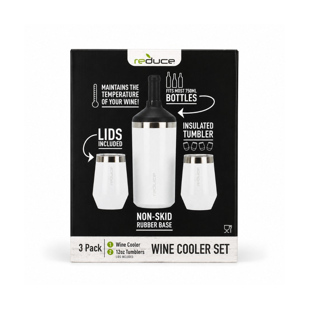 Tap2Own white stainless steel wine cooler and two 12oz insulated tumblers with lids and non-skid rubber base.