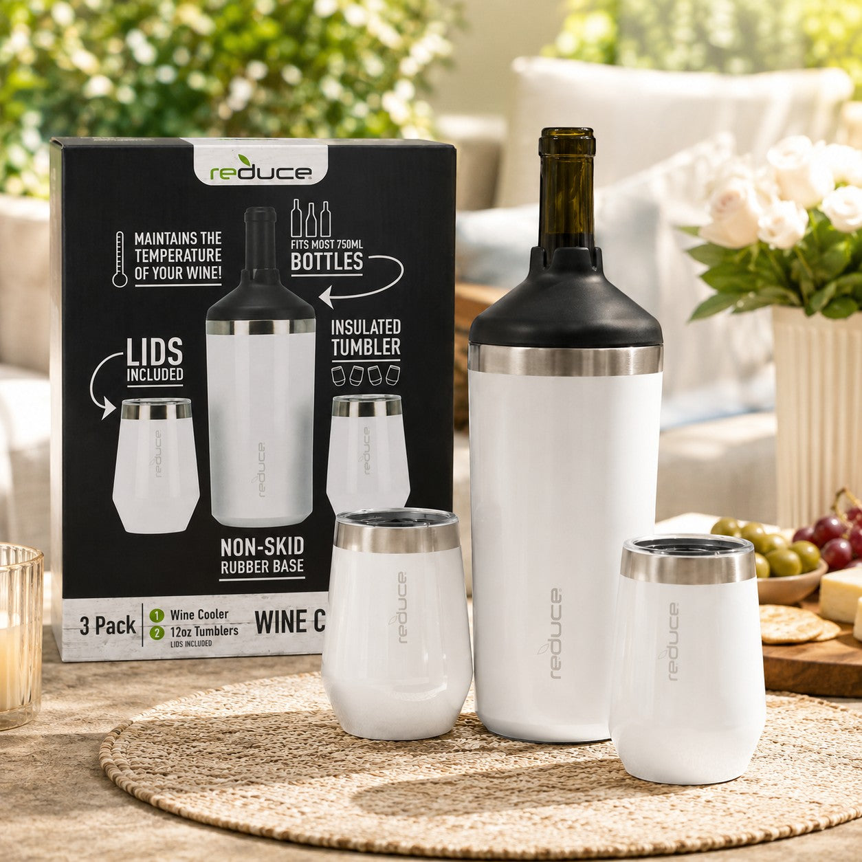 Tap2Own white stainless steel wine cooler and tumbler set with lids, perfect for keeping beverages cold.