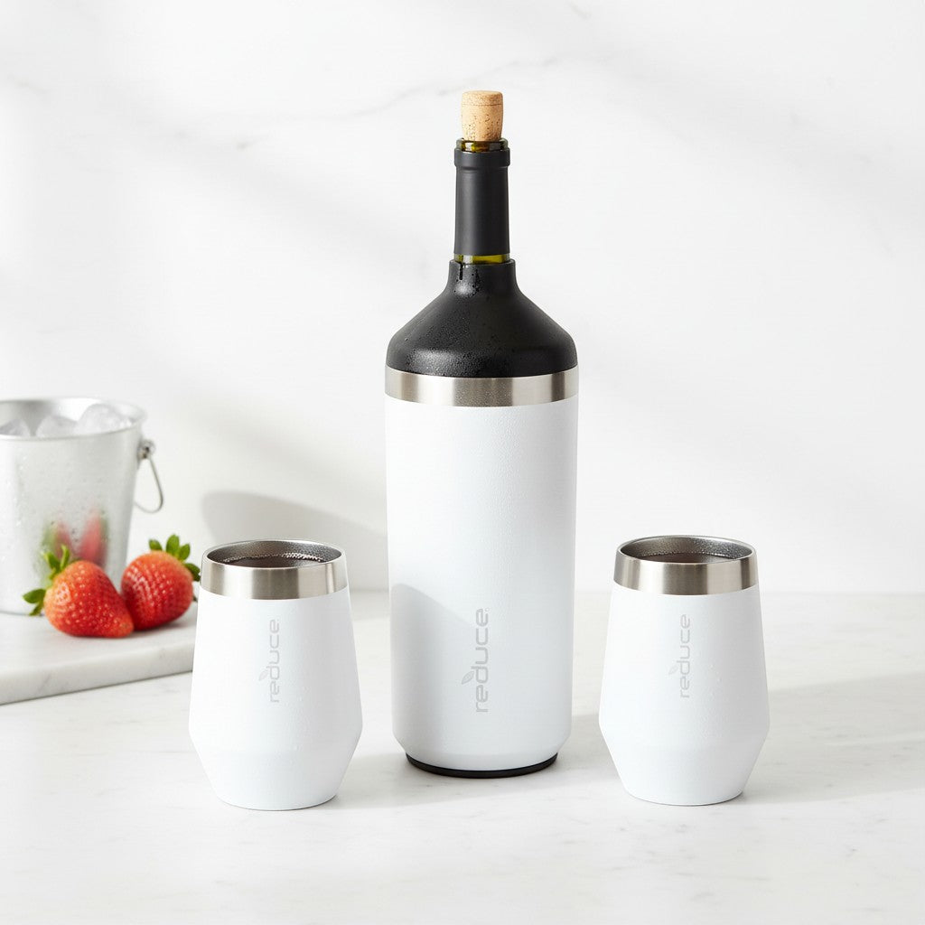 Tap2Own white stainless steel wine cooler and two tumblers set. Insulated drinkware with silver rim detail.