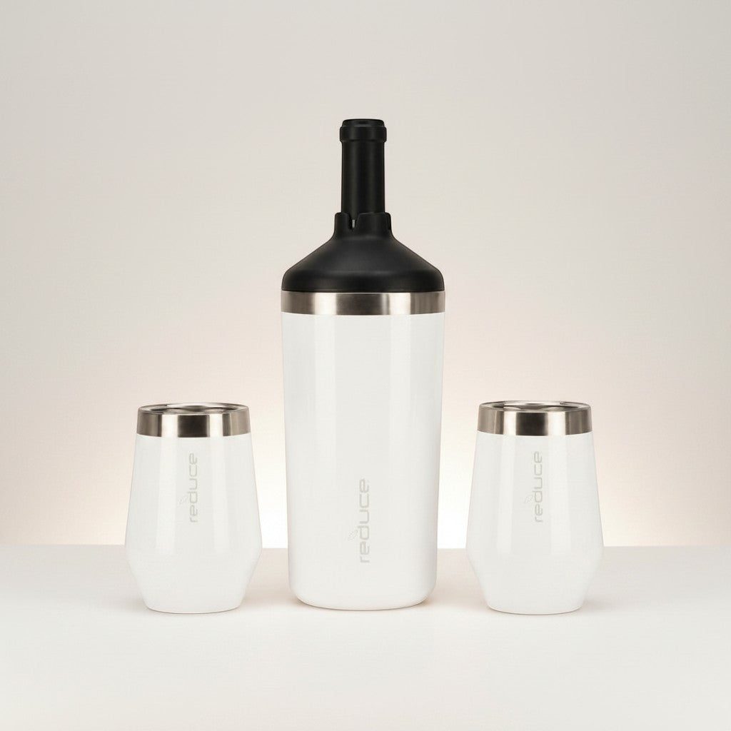 Tap2Own white stainless steel wine cooler and two tumblers with silver rims. Modern insulated drinkware set.