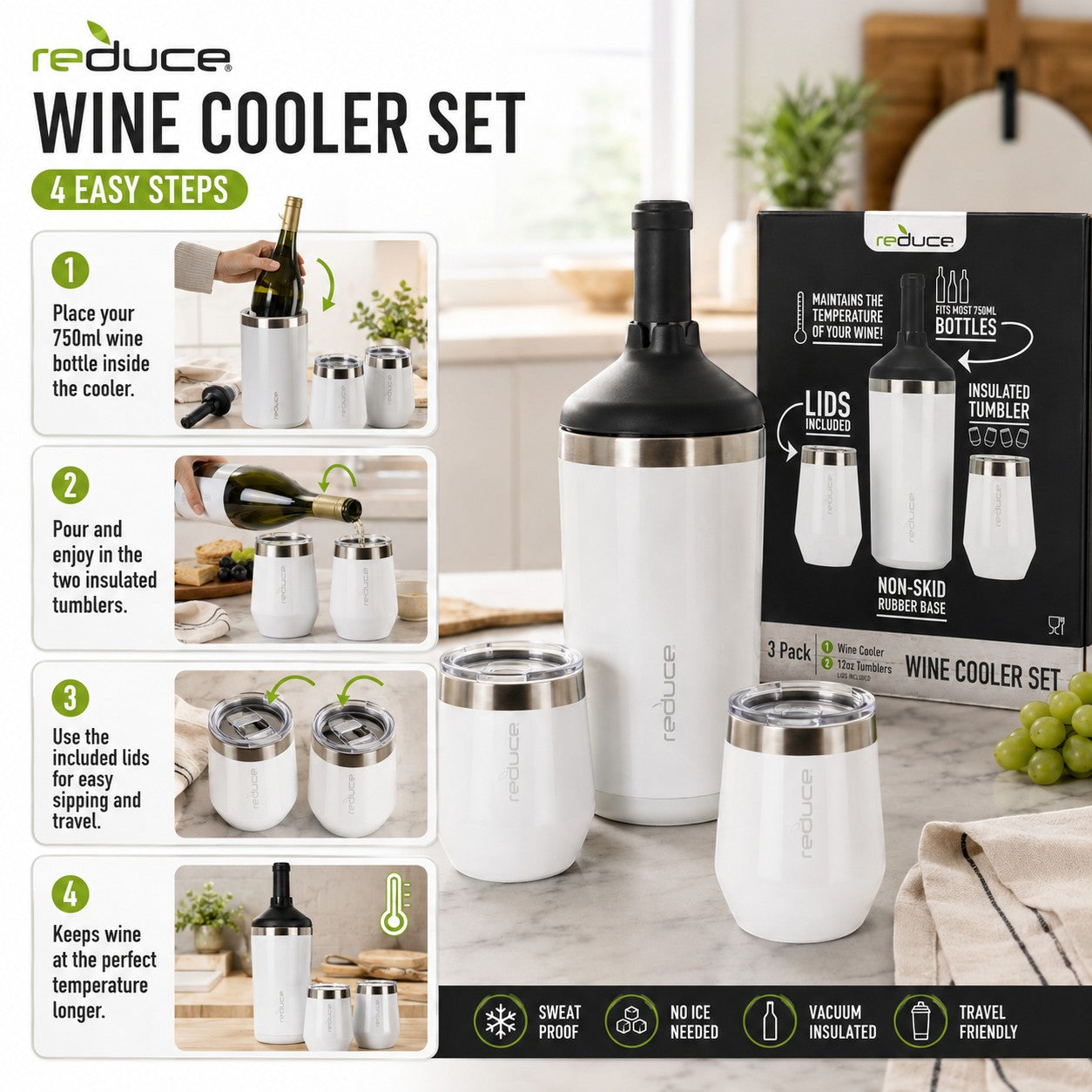Tap2Own white stainless steel wine cooler and two 12oz tumblers with lids, vacuum insulated for perfect temperature.