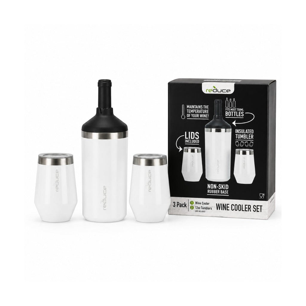 Tap2Own white stainless steel wine cooler and two 12oz tumblers with lids, vacuum insulated with non-skid rubber base.