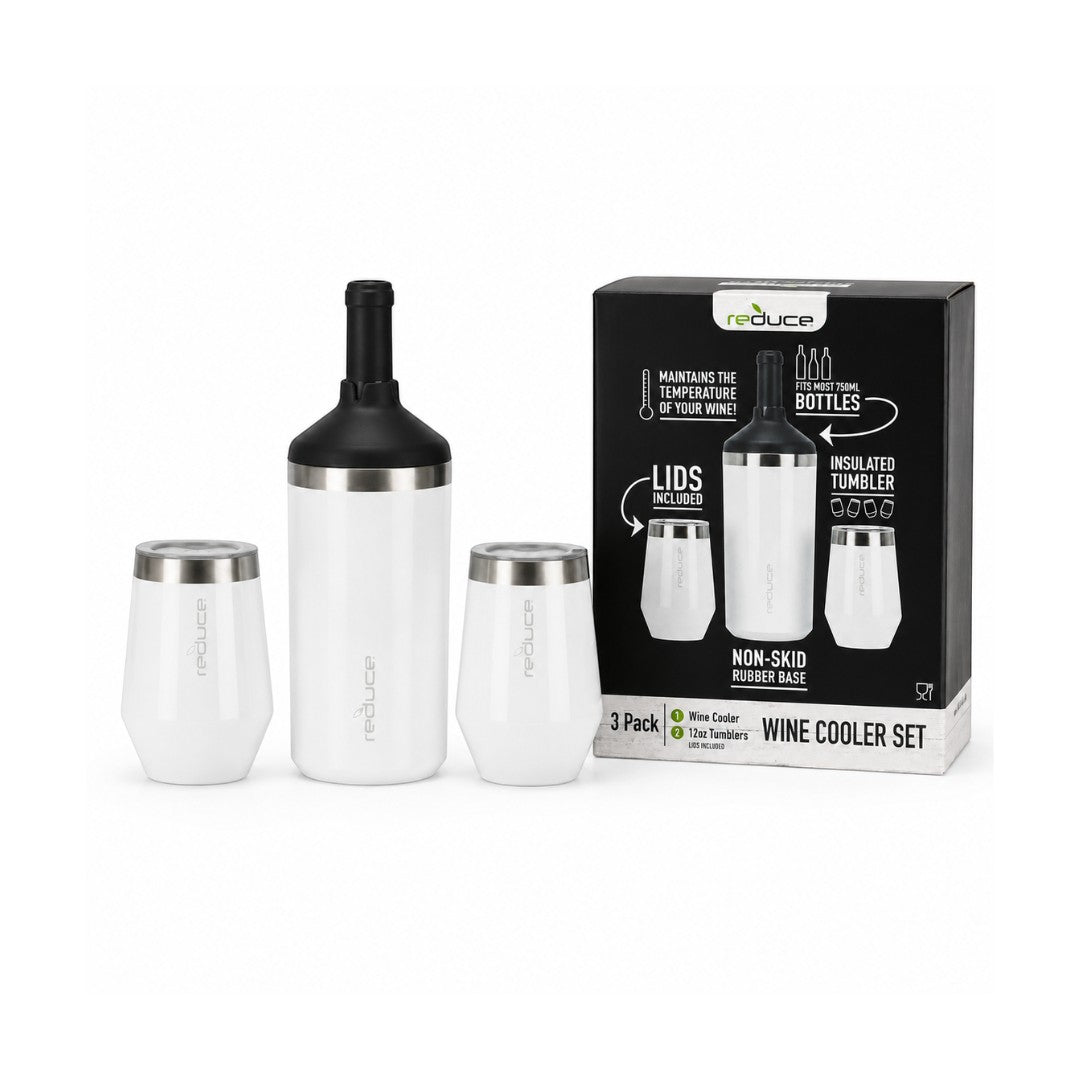 Tap2Own white stainless steel wine cooler and two 12oz tumblers with lids, vacuum insulated with non-skid rubber base.