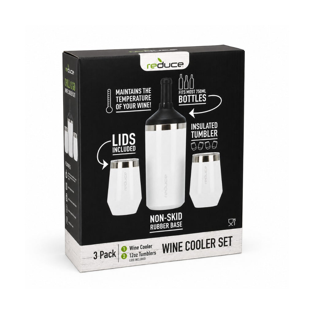 Tap2Own white stainless steel wine cooler and tumbler set with lids, insulated and non-skid base.