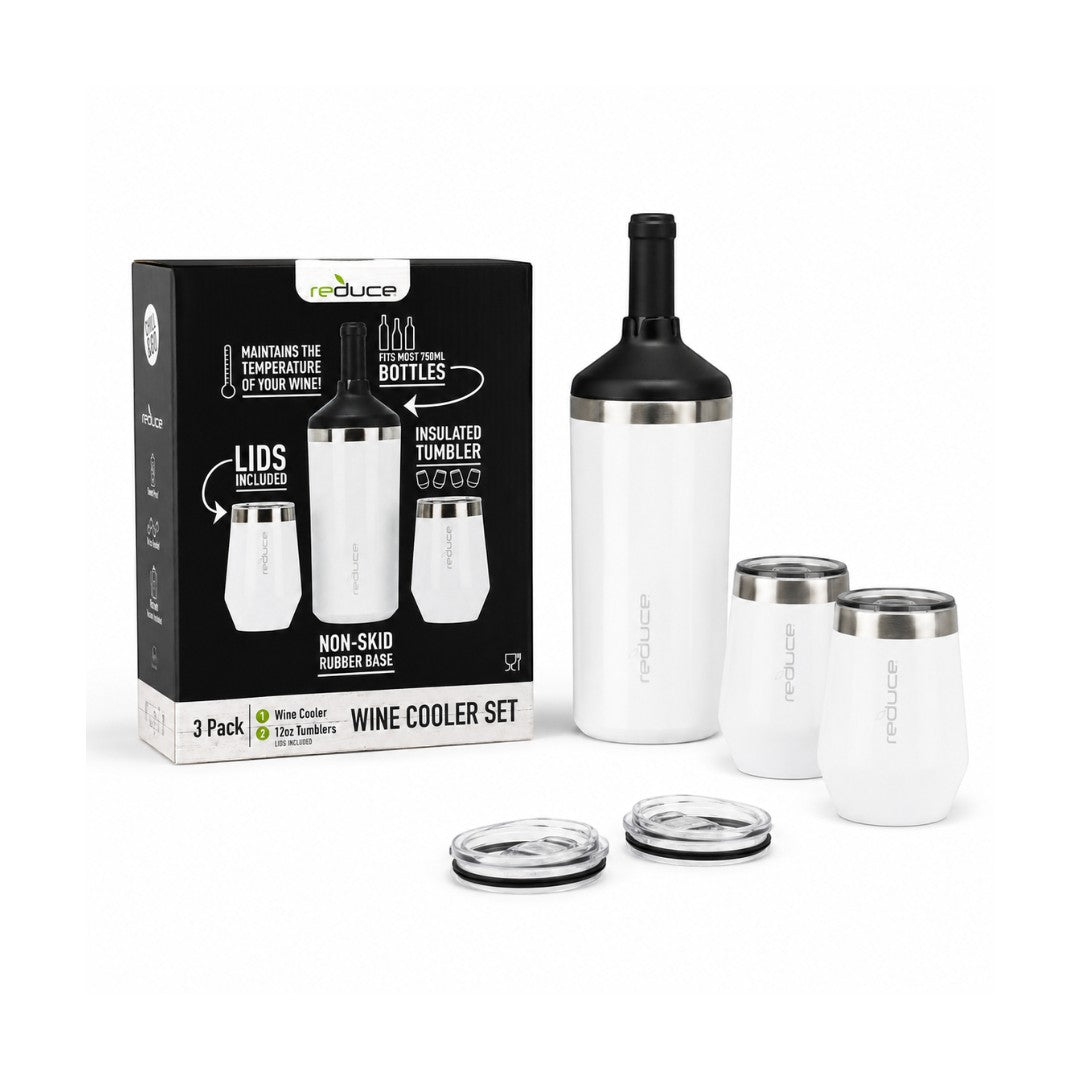 Tap2Own white stainless steel wine cooler and tumbler set with lids. Insulated tumblers keep drinks cold.