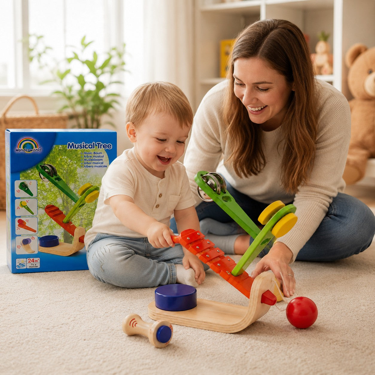 Tap2Own Wonderworld Musical Tree Toy with xylophone, tambourine, and maracas. A toddler and mother play with the wooden toy.