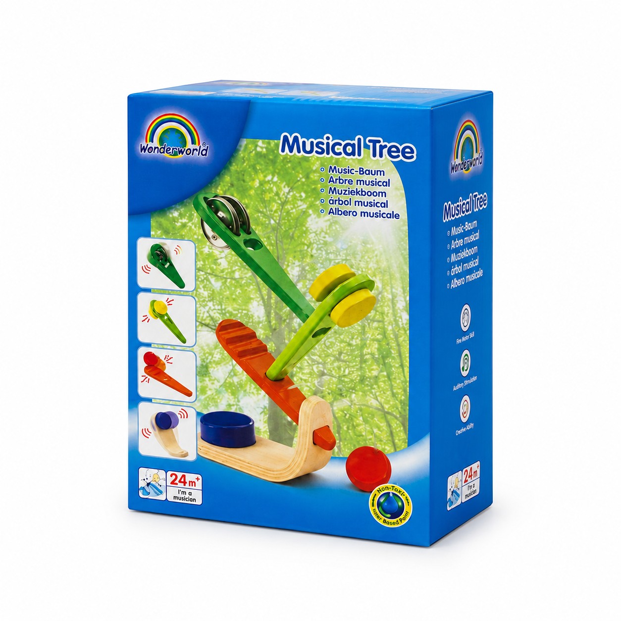 Tap2Own Wonderworld Musical Tree Toy, a wooden toy with xylophone, tambourine, and maracas in green, yellow, orange, and blue.