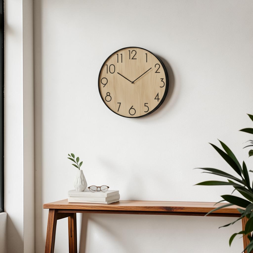 Tap2Own round wood wall clock with black frame and black Arabic numerals