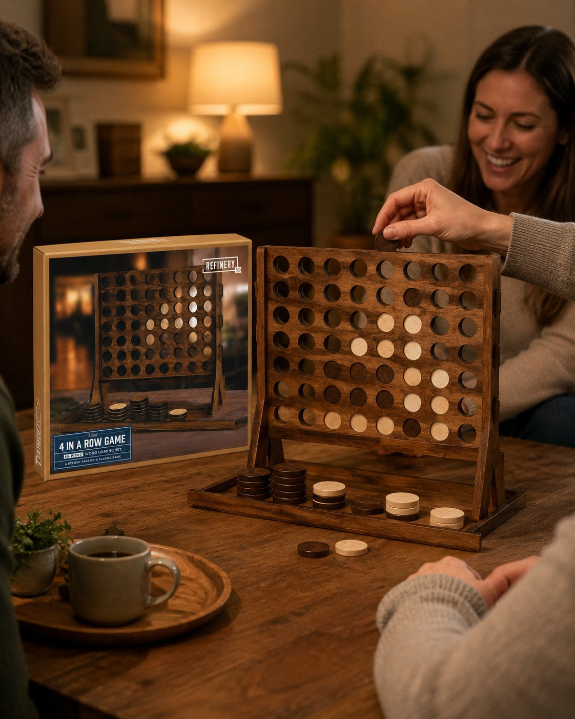 Tap2Own Wooden 4 in a Row Game with dark and light discs on a wooden table, perfect for family game nights.