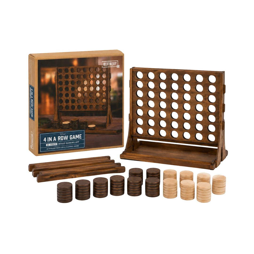 Tap2Own Wooden 4 in a Row game with dark and light wood discs and a wooden stand. Classic strategy board game.
