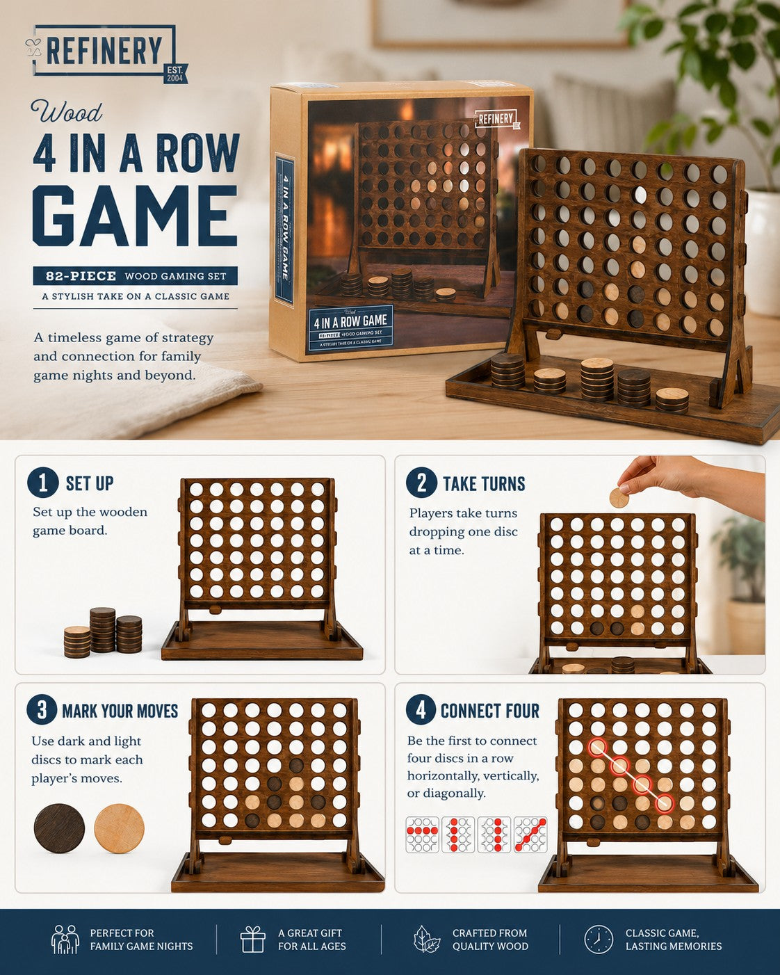 Tap2Own Wooden 4 in a Row strategy game with dark and light wood discs. Classic family fun.