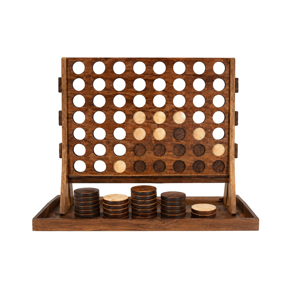 Tap2Own Wooden 4 in a Row strategy game with light and dark wood discs on a wooden board and tray.