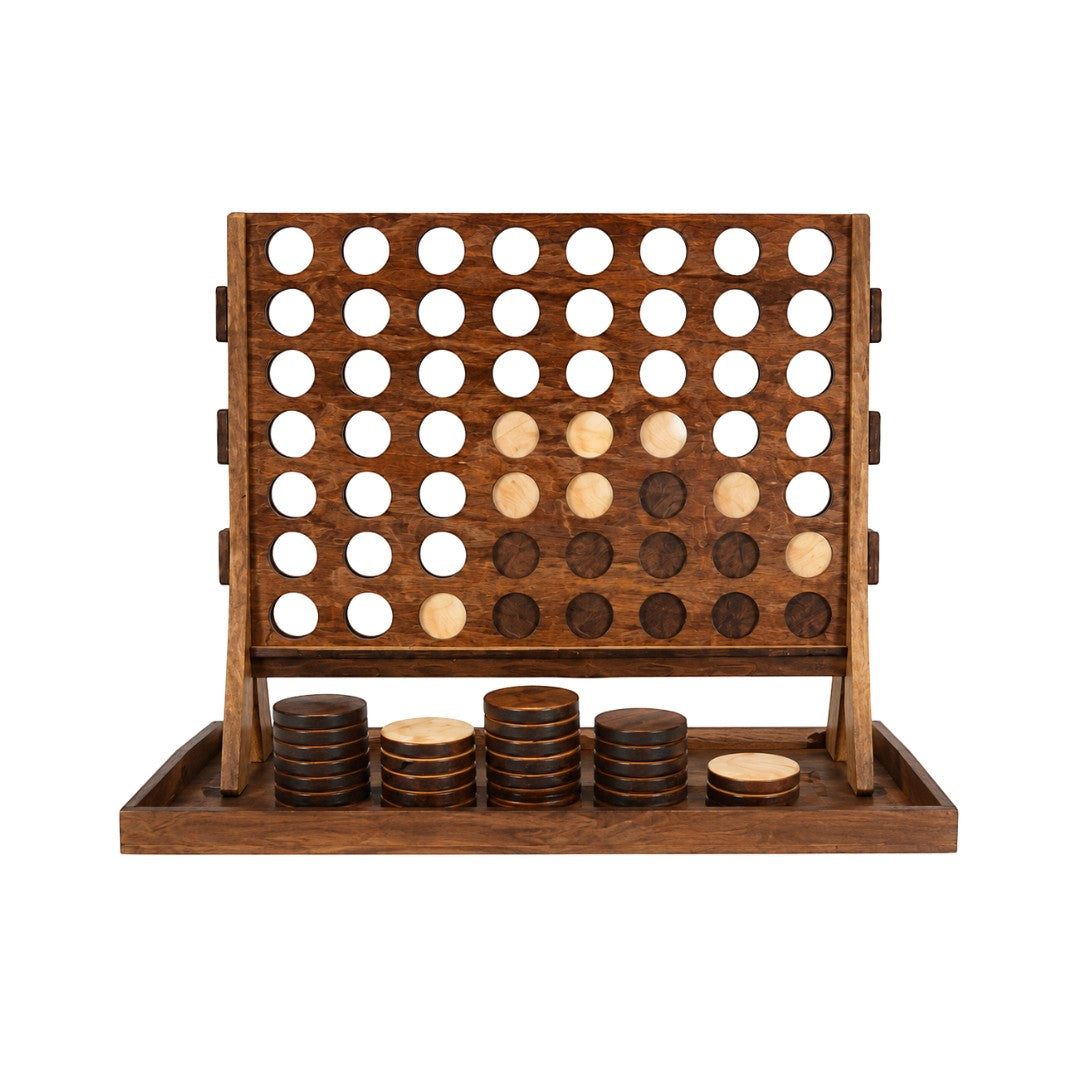 Tap2Own Wooden 4 in a Row strategy game with light and dark wood discs on a wooden board and tray.