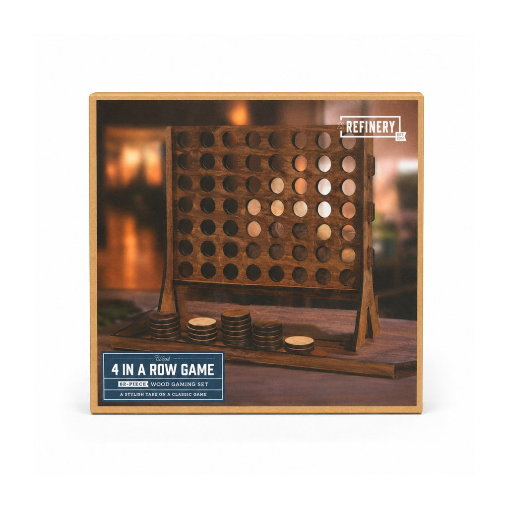 Tap2Own Wooden 4 in a Row Game, a classic strategy board game with a vintage-inspired wooden design. Includes wooden discs and a stand.