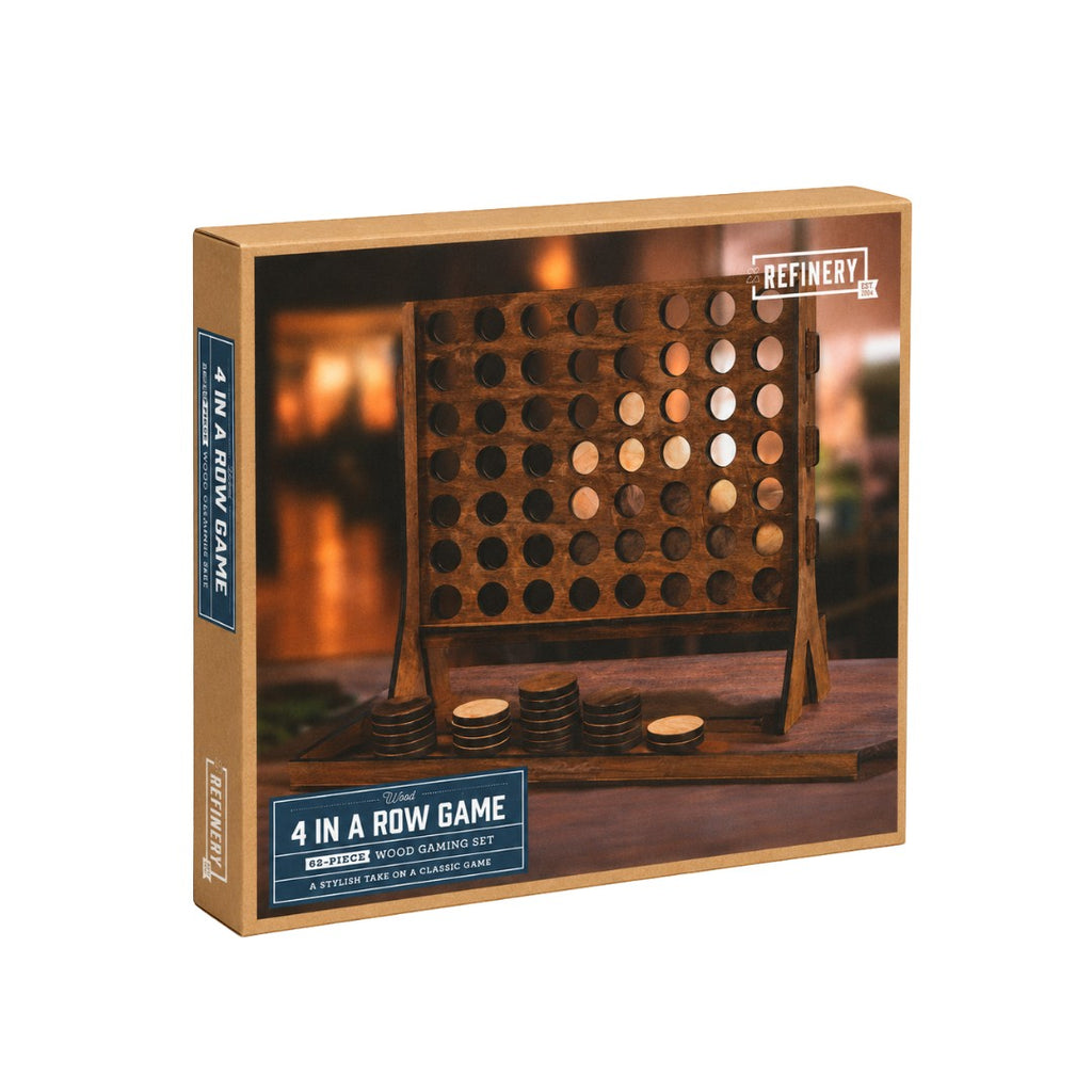 Tap2Own Wooden 4 in a Row game with light and dark wood discs stacked on the base. Classic strategy board game.