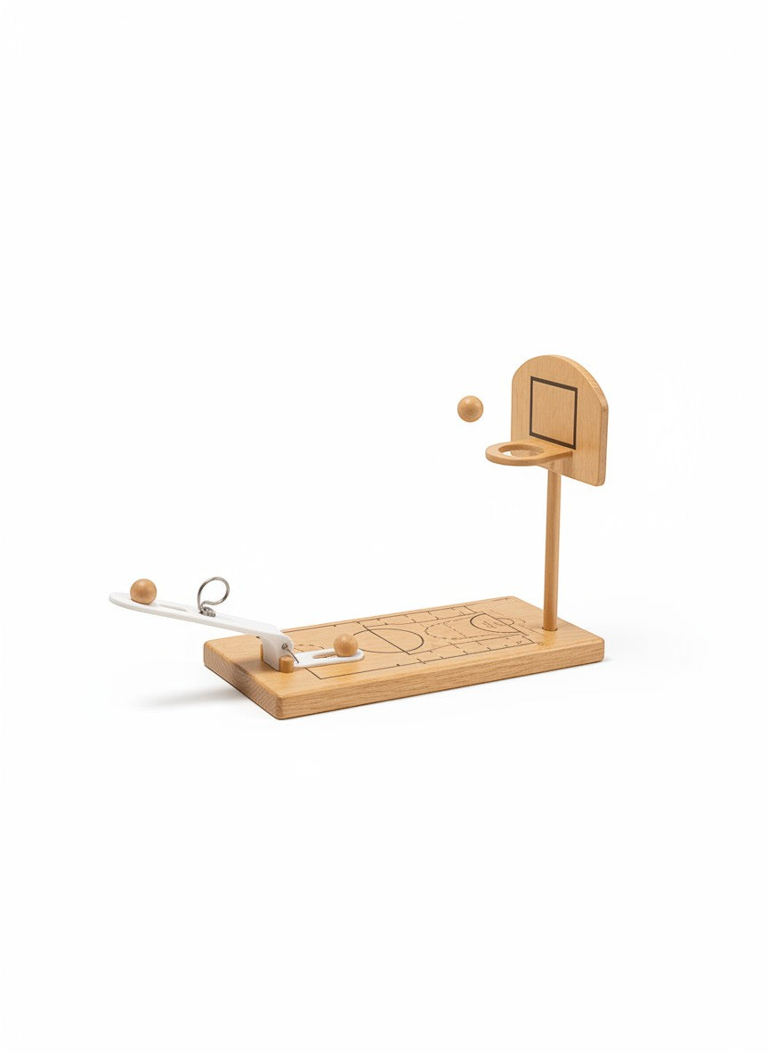 Tap2Own Wooden Tabletop Mini Basketball Game with natural wood finish, miniature hoop, and launcher. Includes small wooden balls.